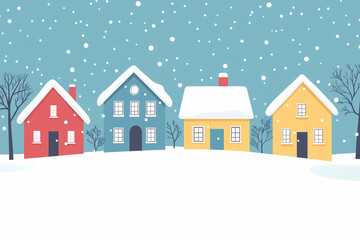 Fototapeta premium Minimal flat design snowy Christmas town with colorful buildings and clean composition