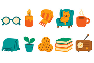Cozy home vibes icon set. Comfort, warmth, relaxation icons filled design collection
