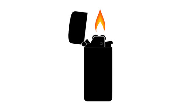 Vector illustration&nbsp;of black silhouette of a classic lighter with an orange flame, isolated on transparent background 