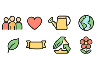 Environment and community flat icon set. Nature, conservation, sustainability symbols.