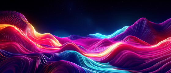 Abstract flowing neon lines create a colorful landscape with depth, data inspired theme. Perfect background for Cyber Monday promotion banner.