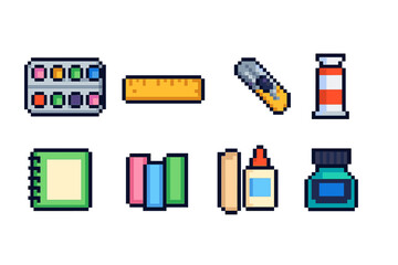 School supplies icon set. Colorful flat icons for education and stationery needs