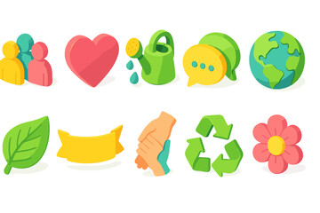 Eco-friendly, community 3d icon set. Sustainability, nature, global symbols collection