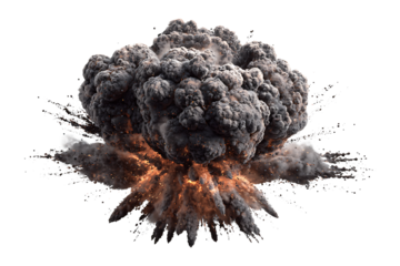 Dramatic burst explosion with sparks and dark clouds on transparent backdrop