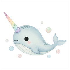 Narwhal Unicorn Whale Watercolor Vector Isolated on White Background  © Mae