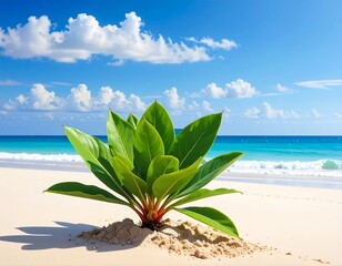 Lush greenery thrives on a pristine beach under a vibrant blue sky with clouds