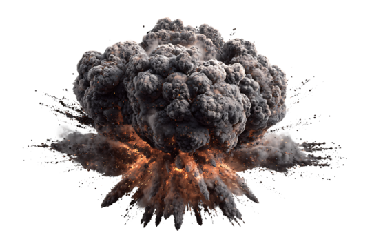 Dramatic burst explosion with sparks and dark clouds on transparent backdrop