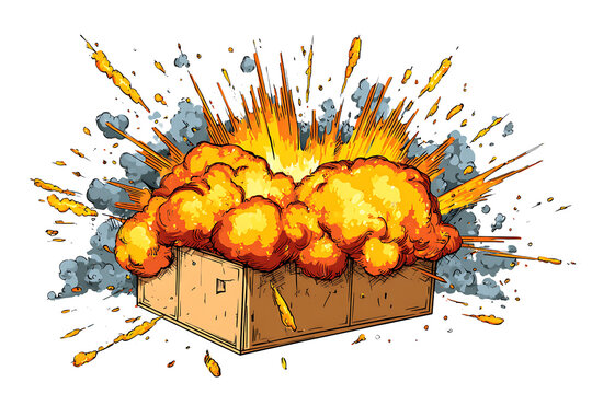 Exploding box illustration with fire sparks and smoke on transparent background