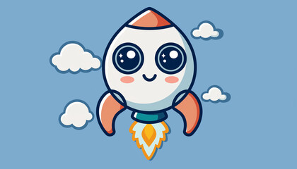 Fototapeta premium Cartoon rocket ship with big eyes and a smiling face, launching upwards through fluffy white clouds against a light blue sky.