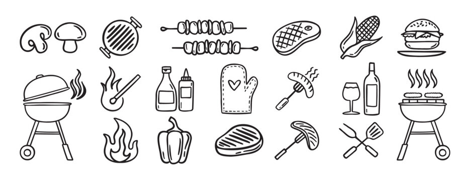 Barbecue grill party doodle hand drawn icon set. Outline drawing BBQ tools charcoal firewood and products line clipart symbol collection 