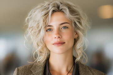 Engaged Young Professional Woman with Curly Blonde Hair