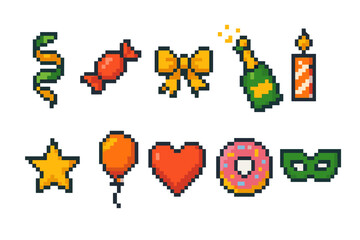 Fototapeta premium Celebration icon set. Party, festive icons pixel collection