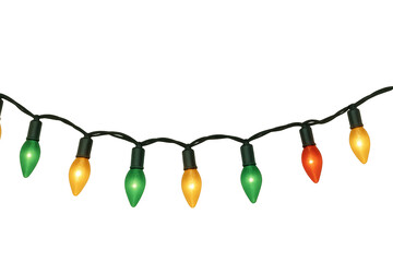 Christmas string lights border with glowing colorful bulbs forming holiday garland on transparent background