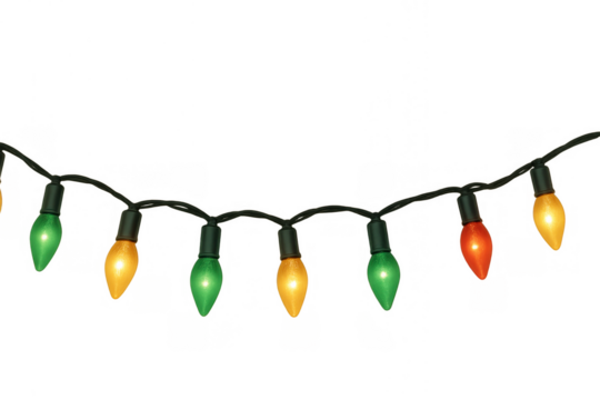Christmas string lights border with glowing colorful bulbs forming holiday garland on transparent background