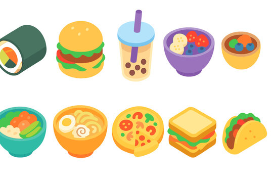 Food and drink icon set: 3d icons for culinary, fast food, beverage collections