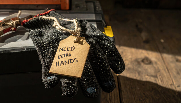 Work glove with help wanted tag on wooden surface. Conceptual message illustrates labor market shortages and urgent need for hiring and recruitment for an extra hand - Powered by Adobe
