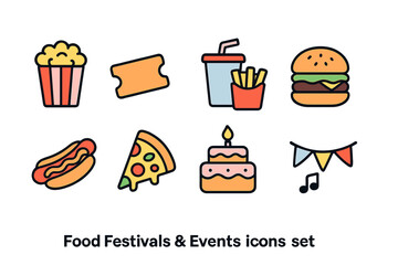 Food festivals and events icon set. Vibrant outline icons for culinary celebrations