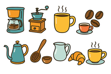 Fototapeta premium Coffee, tea and breakfast icon set. Vintage, hand-drawn outline style collection