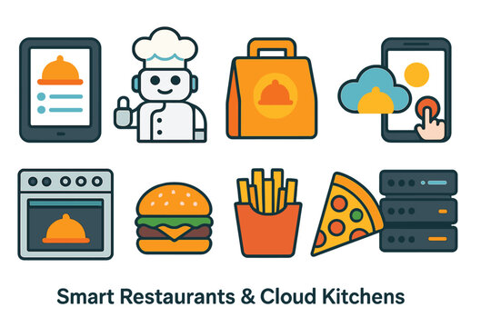 Smart restaurants and cloud kitchens outline icon set for digital services