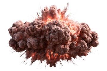 Spectacular explosion with rising smoke and intense blast wave against transparent backdrop