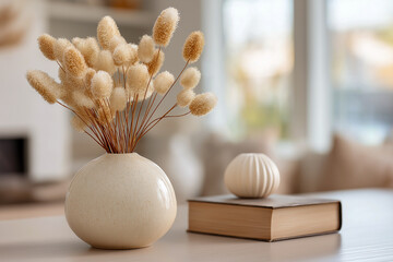 Cozy Home Decor with Dried Bunny Tail Grass and Book