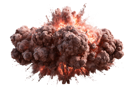Spectacular explosion with rising smoke and intense blast wave against transparent backdrop