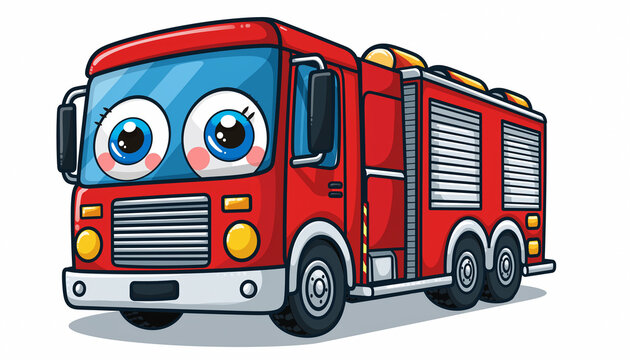Cartoon illustration of a bright red fire truck with large, expressive blue eyes and a friendly, animated appearance. - Powered by Adobe