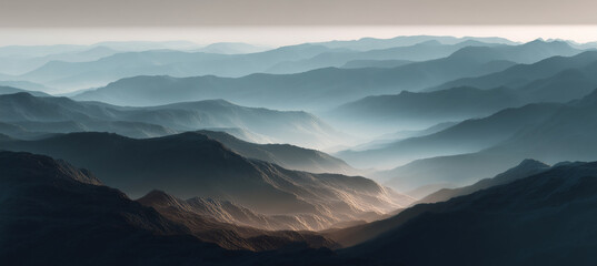 Serene mountain range landscape with ethereal mist creating depth and a sense of calm, perfect for nature lovers and adventure seekers looking for inspiration