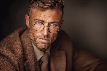 A serious man in glasses wearing a sophisticated tweed jacket