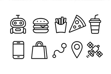 Technology and food outline icon set: robots, fast food, gadgets, and location symbols