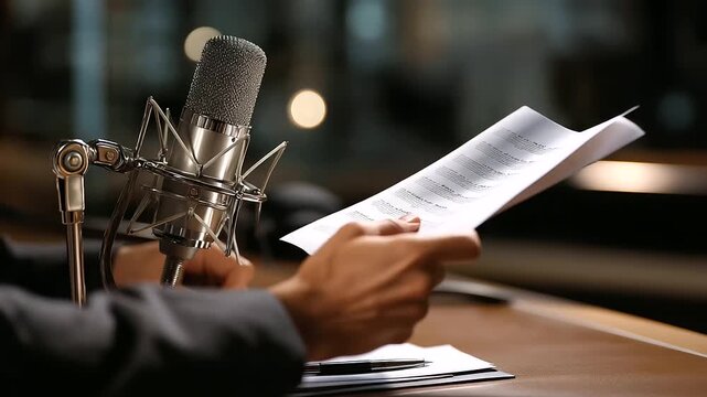 Faceless framing focusing on hands flipping script pages beside a studio microphone with filter, calm neutral tones, with copy space