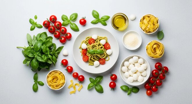 A flavorful composition of Italian pasta with pesto, accompanied by fresh basil, cherry tomatoes, and mozzarella cheese ingredients - Powered by Adobe