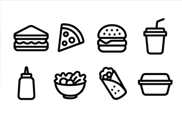 Fast food outline icon set. Burger, pizza, salad, drink, and more icons collection