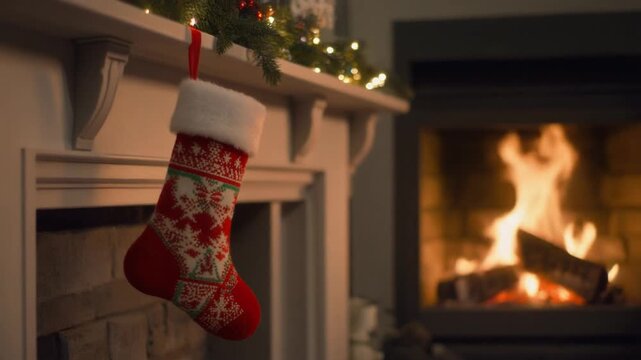 Christmas stocking gently swaying from a mantel as firelight flickers