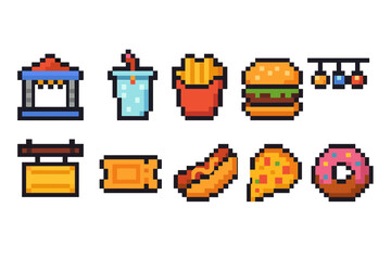 Food and drink pixel icon set. Fast food, snacks and beverage pixel icons collection
