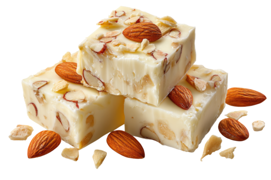 Three squares of white fudge with almonds