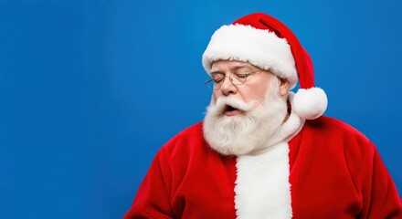 Naklejka premium Portrait of a tired Santa Claus with a white beard and glasses, sleeping or sighing against a solid blue background. Christmas holiday concept.