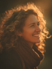 Joyful woman with glowing curly hair in golden light