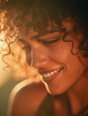 Joyful Woman with Curly Hair Smiling in Warm Golden Light