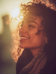Smiling woman with curly hair bathed in warm sunlight