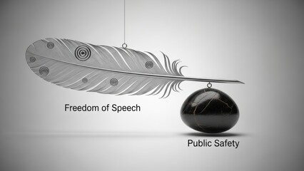 A conceptual image of a feather and a stone balancing, representing Freedom of Speech and Public Safety.