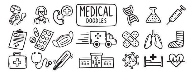 Obraz premium medical health care doodle hand drawn icon set. Outline drawing medical health care items line clipart symbol collection. Outline drawing line clipart symbol collection