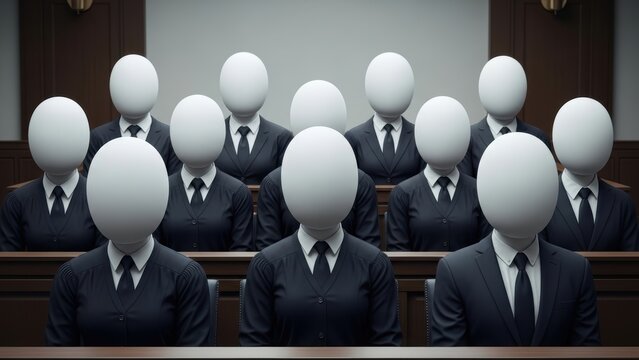A front-on view of an anonymous, faceless jury sitting in a courtroom.