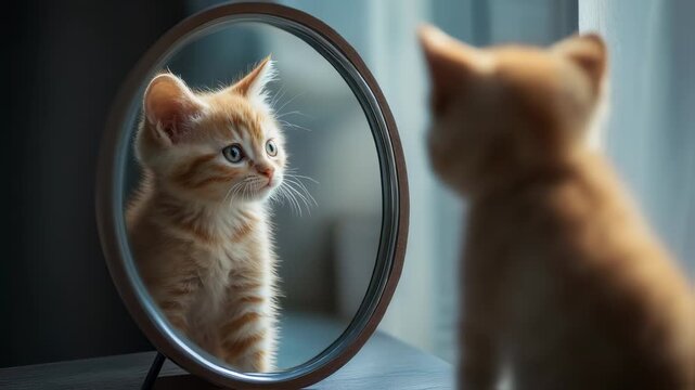 Adorable Kitten Gazing at Its Reflection in a Mirror, Exploring Identity and Self-Awareness,