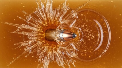 A high-speed photograph of a bullet creating a splash as it enters a liquid.