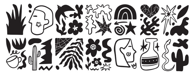 Matisse geometric doodle set organic shapes. Abstract floral naive art. Botanic elements boho aesthetics