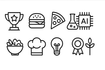 Food, science, technology outline icon set. Cooking, ai, award icons in outline style