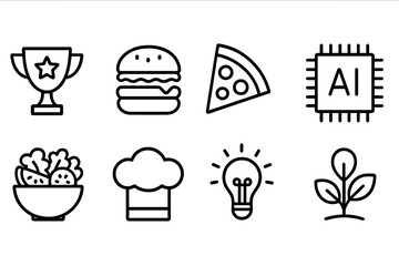 Food and technology line icon set: culinary, ai, lightbulb, salad, pizza, trophy