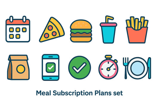 Meal subscription plans icon set. Food delivery outline icons collection