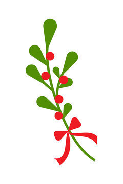 Minimalist mistletoe illustration PNG with green leaves, red berries and a festive red bow. Perfect for Christmas crafts, winter cards, gift tags, invitations, stickers and holiday graphic design. 